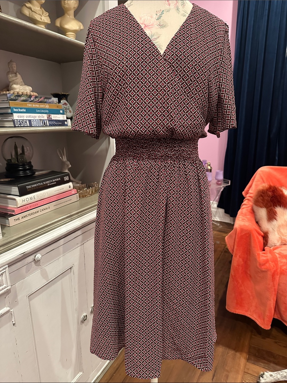 Draper James Burgundy Geometric Short-Sleeve Smocked-Waist Midi Dress